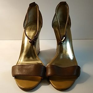 Coach Gold Mesh Platform Wedges Leather Strap 10B